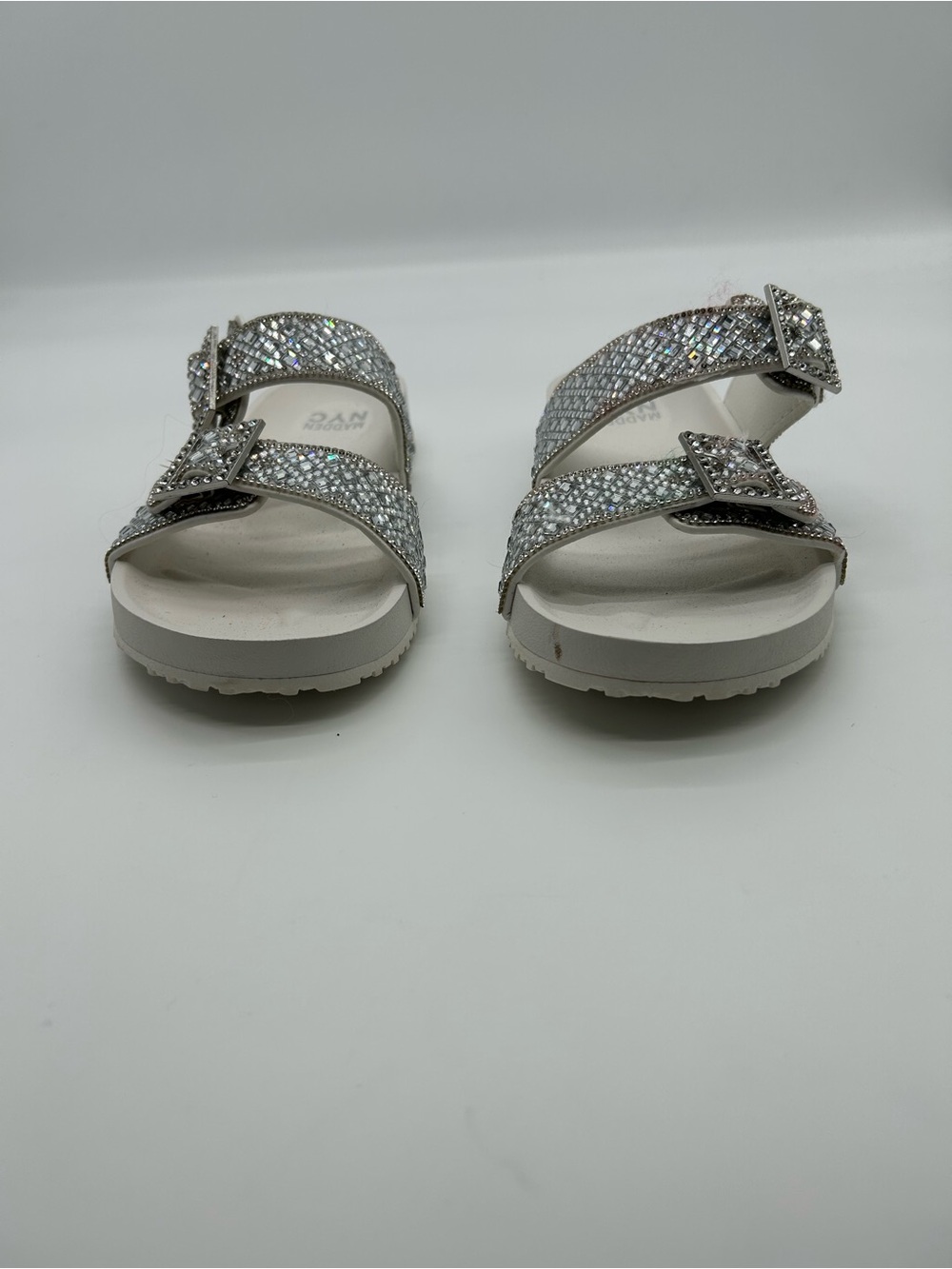 Madden NYC Crystal-Embellished White Slide Sandals. Size 10 - Picture 2 of 6